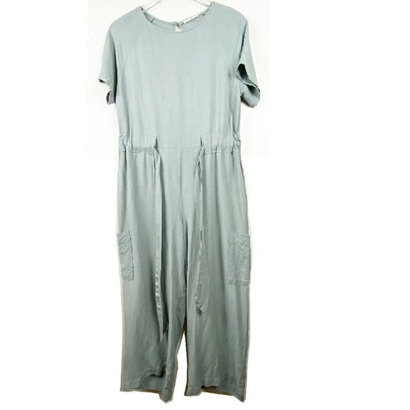 LE LIS | Sage Green Short Sleeve Jumpsuit Drawstring Waist Wide Leg Small - Picture 2 of 11